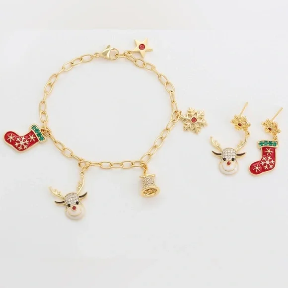 Christmas Bracelet and Earrings Set 14k Gold Christmas Deer Socks - Picture 10 of 13